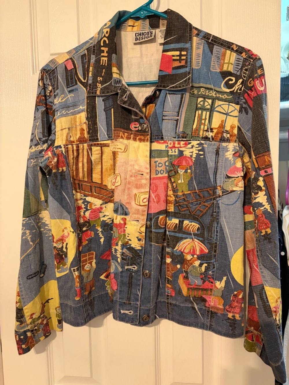 Chico's Multicolor Printed Linen-Cotton Shirt Jacket - Black, Blue, Red, Yellow